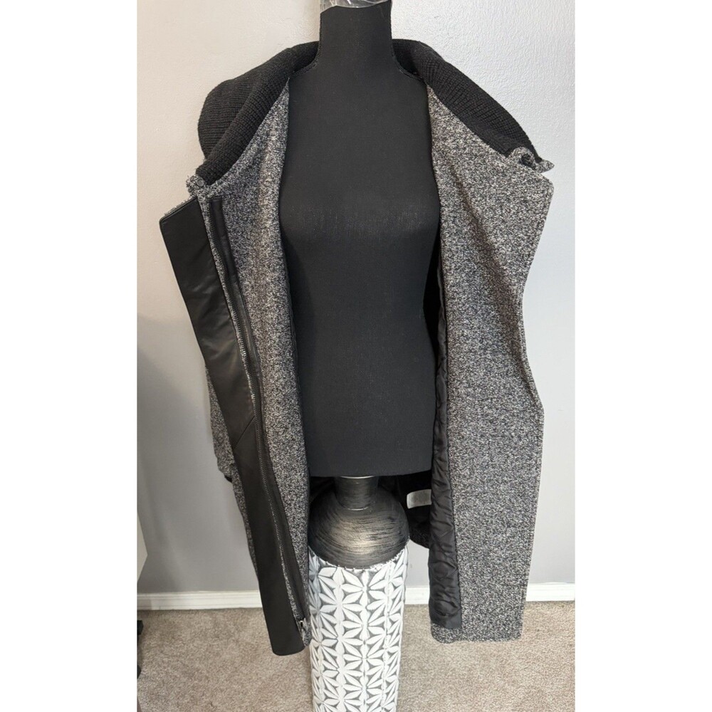 Vince Shawl Wool Blend Tweed Lamb Leather Trim Coat Womens Sz Large Jacket EUC - Picture 8 of 15